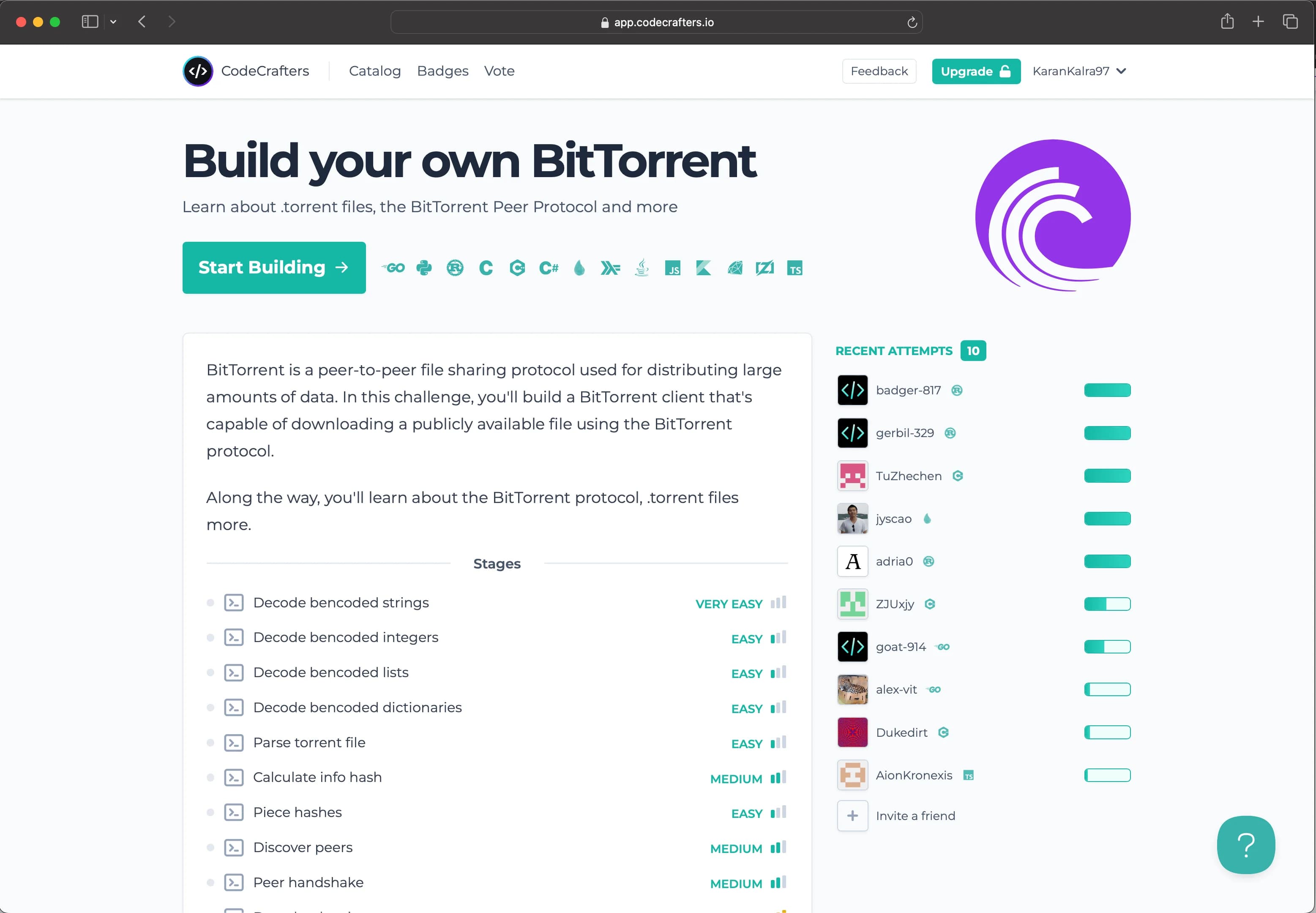 CodeCrafters BitTorrent challenge