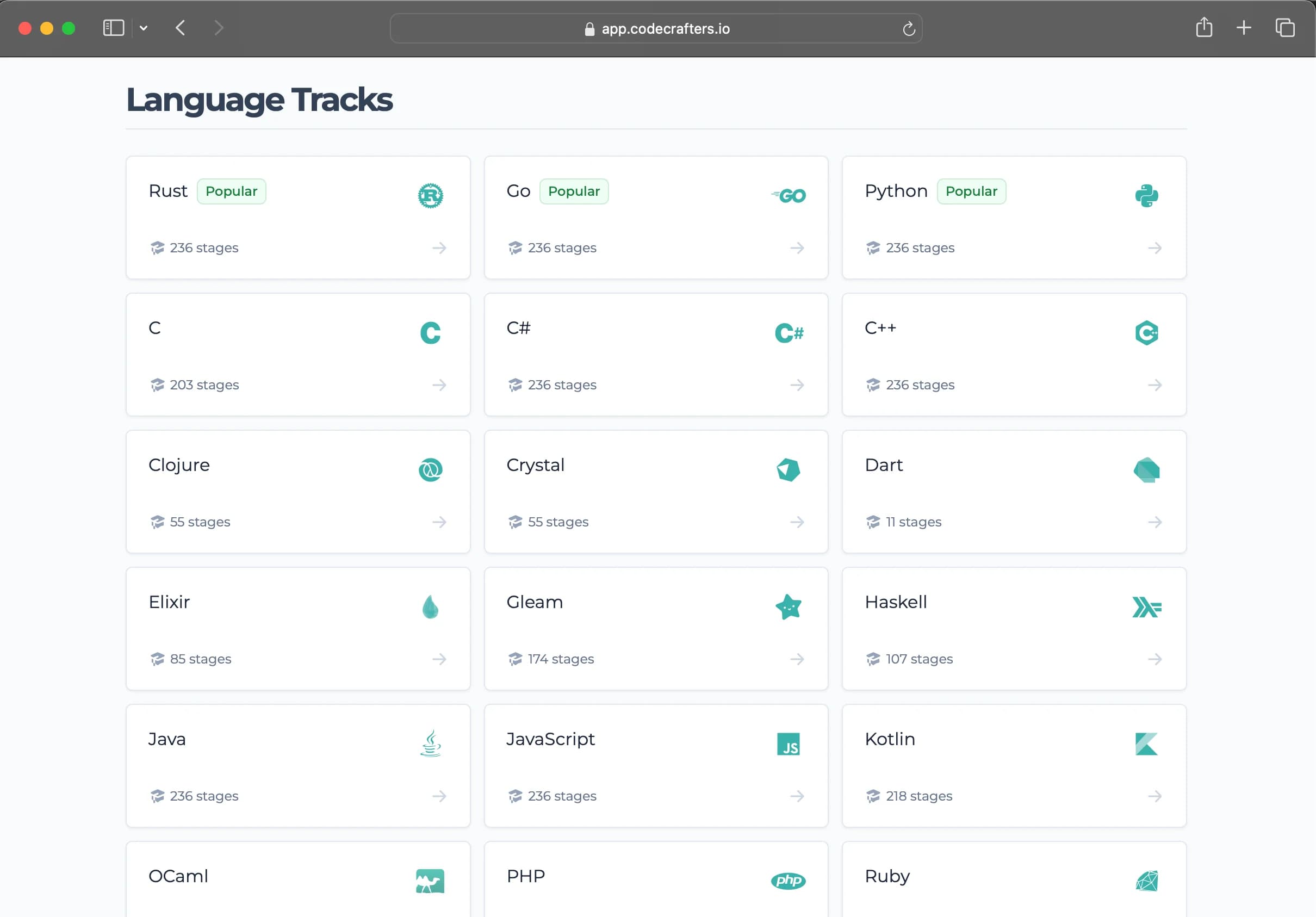 CodeCrafters language tracks