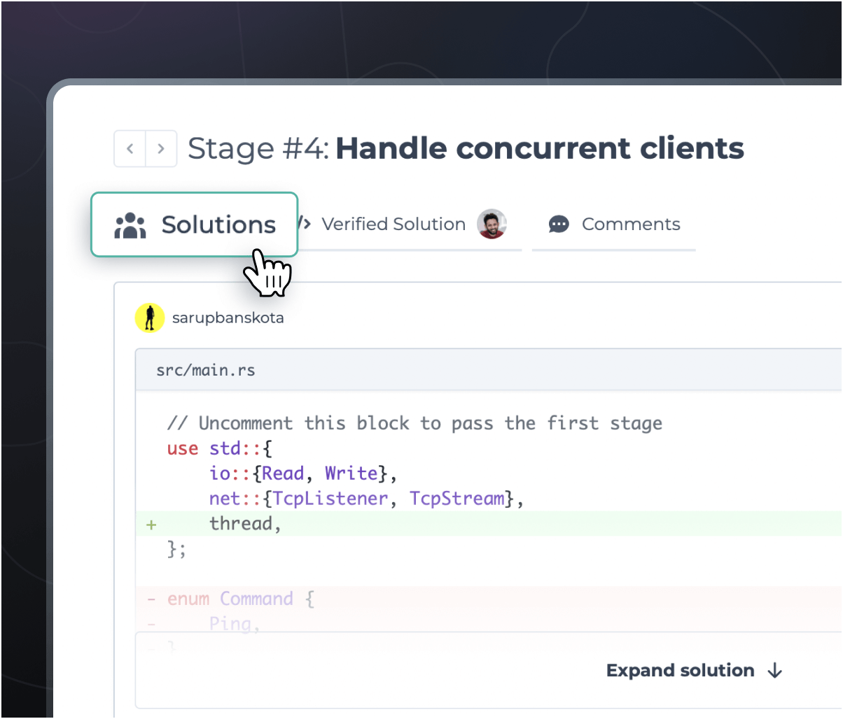 Screenshot of solutions tab