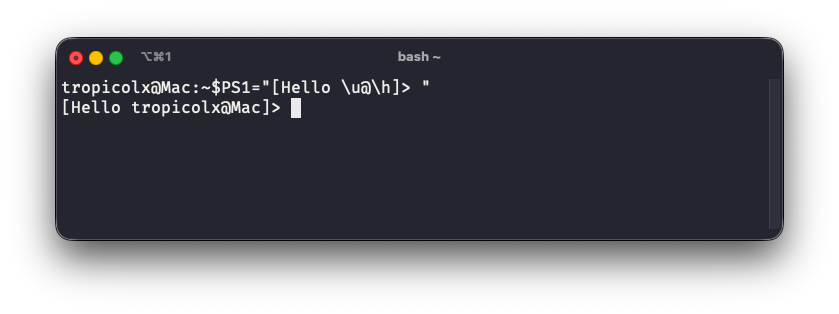 Terminal displaying the prompt "Hello tropicolx@Mac"